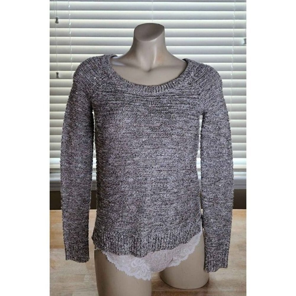 I.N.C. International Concepts Silver Gray Sequin Hi Low Hem Stretch Sweater XS